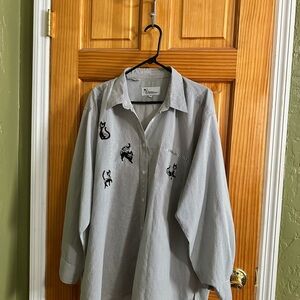 Gray Cat Embroidered Button Down Shirt